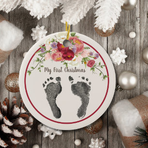 First Christmas Your Baby's Foot Print Red Floral Ceramic Ornament