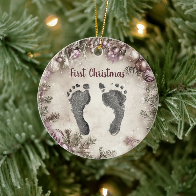First Christmas Your Baby's Foot Prints Floral Ceramic Ornament (Tree)