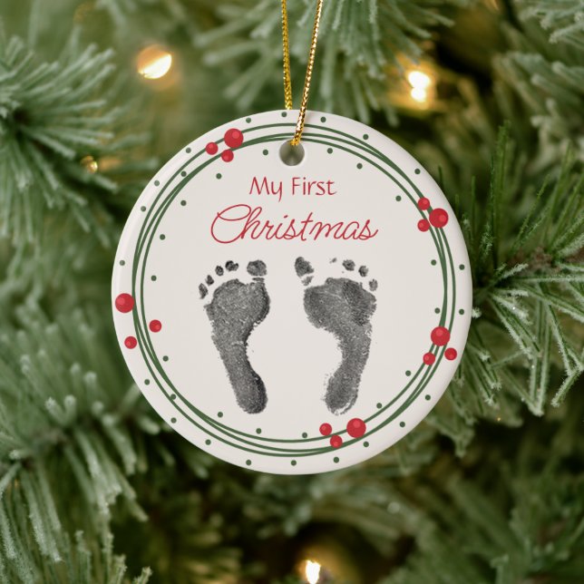 First Christmas Your Baby's Foot Prints Wreath Ceramic Ornament (Tree)