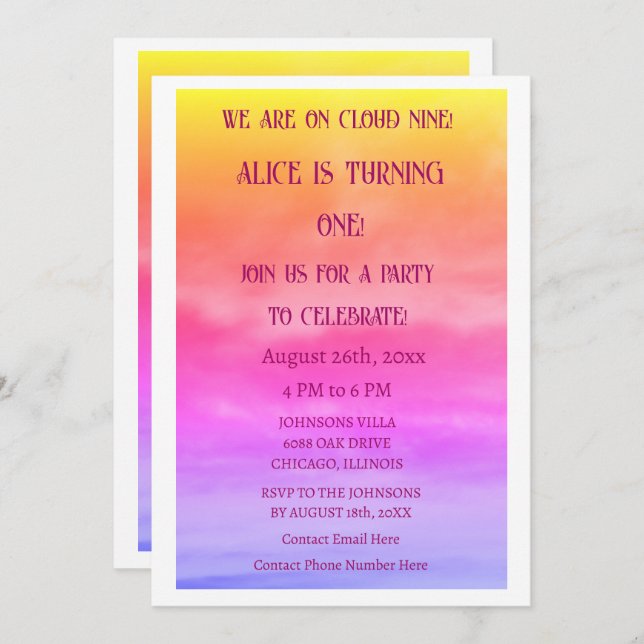 First Cloud Nine Birthday Party 1st Pink Artsy Invitation (Front/Back)