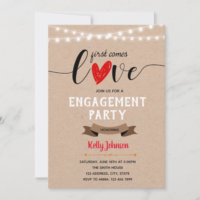 First comes love engagement invitation (Front)