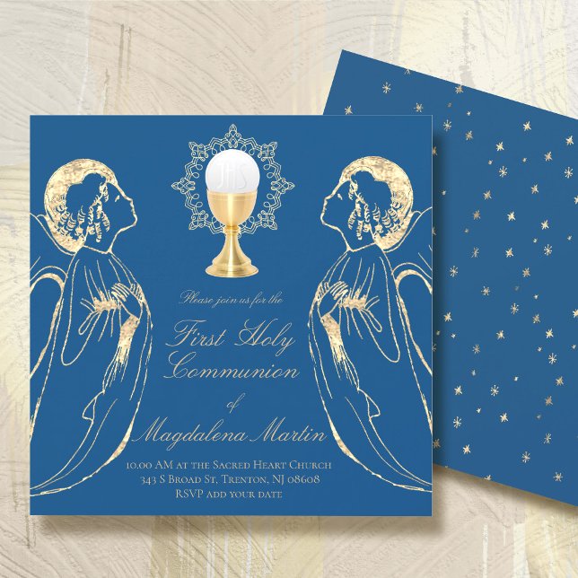 first communion adoring angels on classic blue invitation (Creator Uploaded)