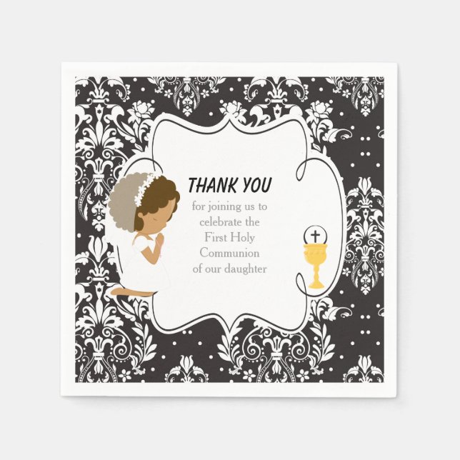First Communion African American Black Damask Napkin (Front)