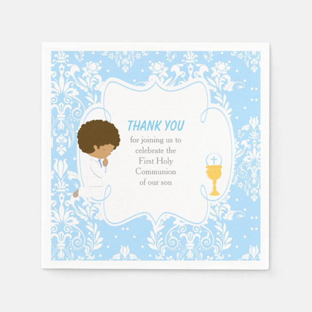 First Communion African American Blue Damask Napkin (Front)