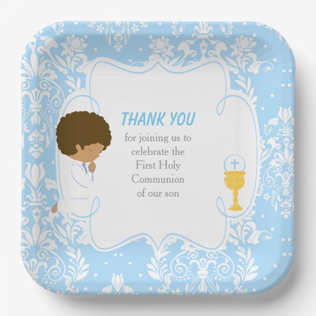 First Communion African American Blue Damask Paper Plate (Front)