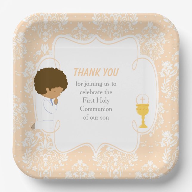 First Communion African American Peach Damask Paper Plate (Front)