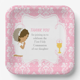 First Communion African American Pink Damask Paper Plate
