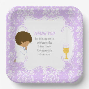 First Communion African American Purple Damask Paper Plate
