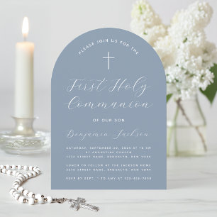 First Communion Arch Dusty Blue Modern Script Invitation