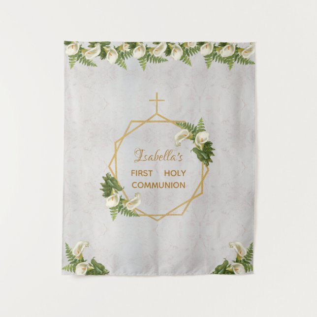 First Communion Backdrop Gold Marble Calla Lilies Tapestry (Front)