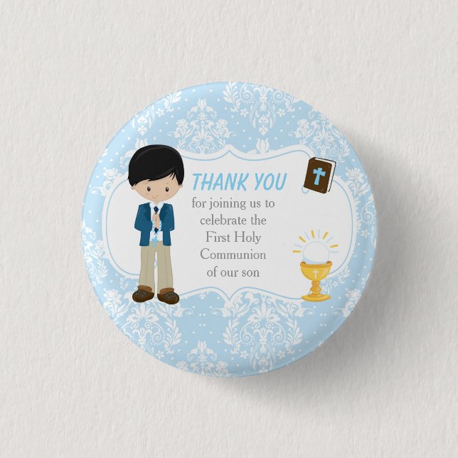 First Communion Black Hair Boy Thank You 3 Cm Round Badge (Front)
