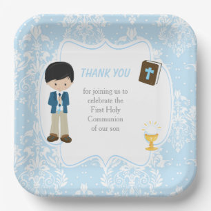 First Communion Black Hair Boy Thank You Paper Plate