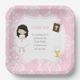 First Communion Black Hair Girl Thank You Paper Plate