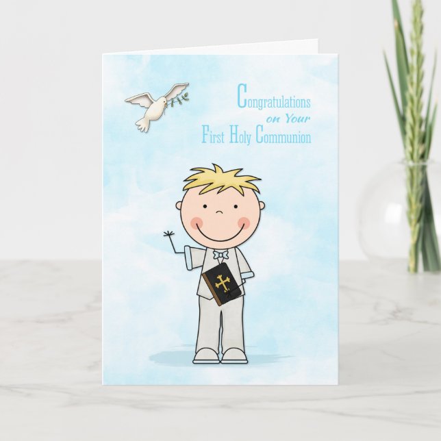 First Communion, Blond Hair Boy, Congratulations Card (Front)