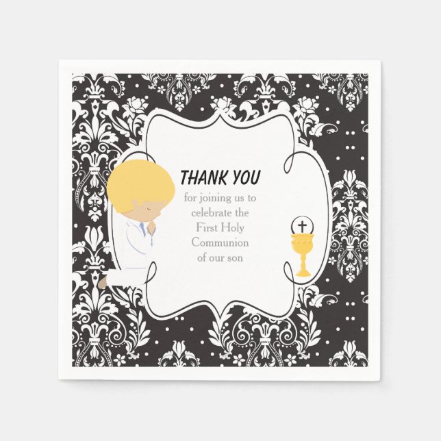 First Communion Blonde Boy Black Damask Napkin (Front)