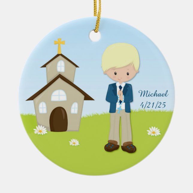 First Communion, Blonde Boy, Church Ceramic Tree Decoration (Front)