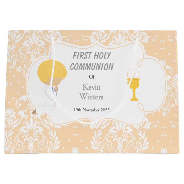 First Communion Blonde Boy Peach Damask Large Gift Bag (Front)