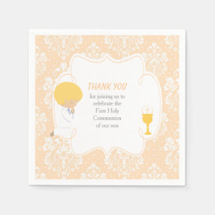First Communion Blonde Boy Peach Damask Napkin