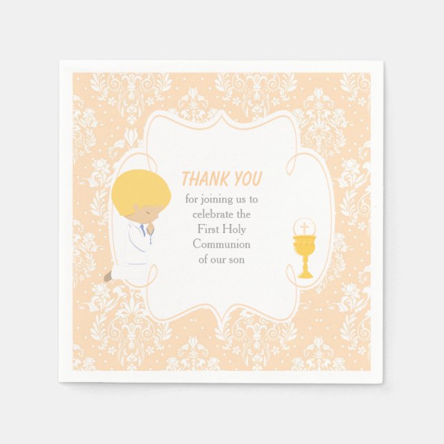 First Communion Blonde Boy Peach Damask Napkin (Front)