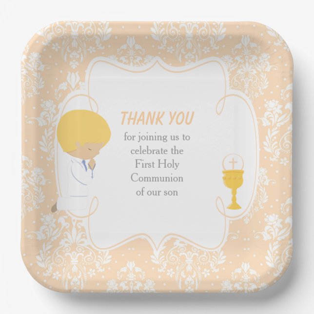 First Communion Blonde Boy Peach Damask Paper Plate (Front)