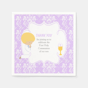 First Communion Blonde Boy Purple Damask Napkin