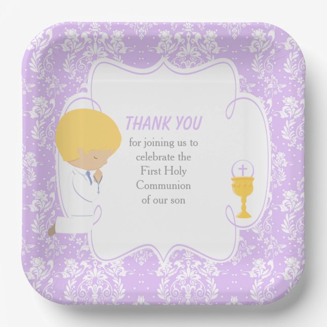 First Communion Blonde Boy Purple Damask Paper Plate (Front)