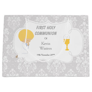 First Communion Blonde Boy Silver Damask Large Gift Bag