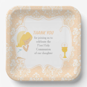First Communion Blonde Girl Peach Damask Paper Plate