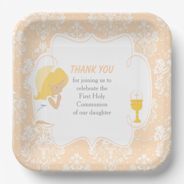 First Communion Blonde Girl Peach Damask Paper Plate (Front)