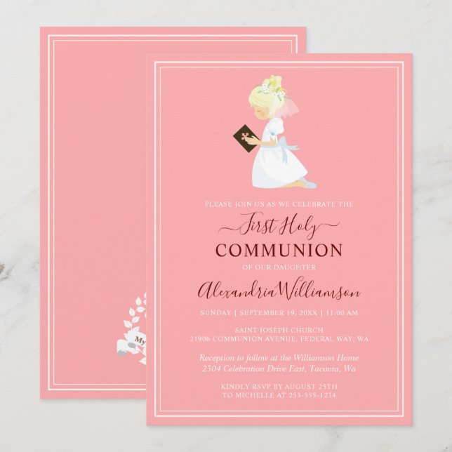 First Communion Blonde Girl Peach Pink Invitation (Front/Back)