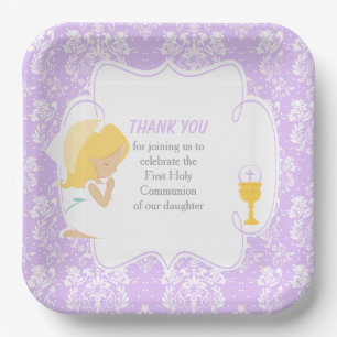 First Communion Blonde Girl Purple Damask Paper Plate