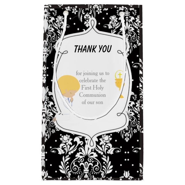 First Communion Blonde Hair Boy Thank You Small Gift Bag (Front)