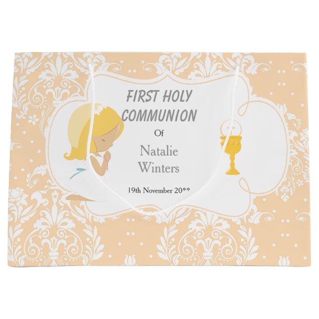 First Communion Blonde Hair Girl Thank You Large Gift Bag (Front)