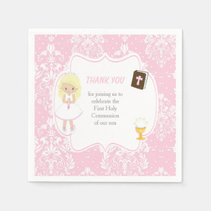 First Communion Blonde Hair Girl Thank You Napkin