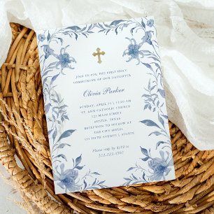 First Communion Blue and White Floral Chinoiserie Invitation