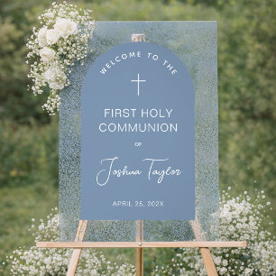 First Communion Blue Arch Floral Pattern Welcome Acrylic Sign