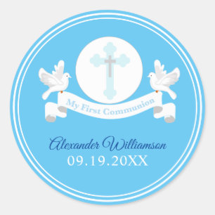 First Communion Blue Cross Doves Classic Round Sticker