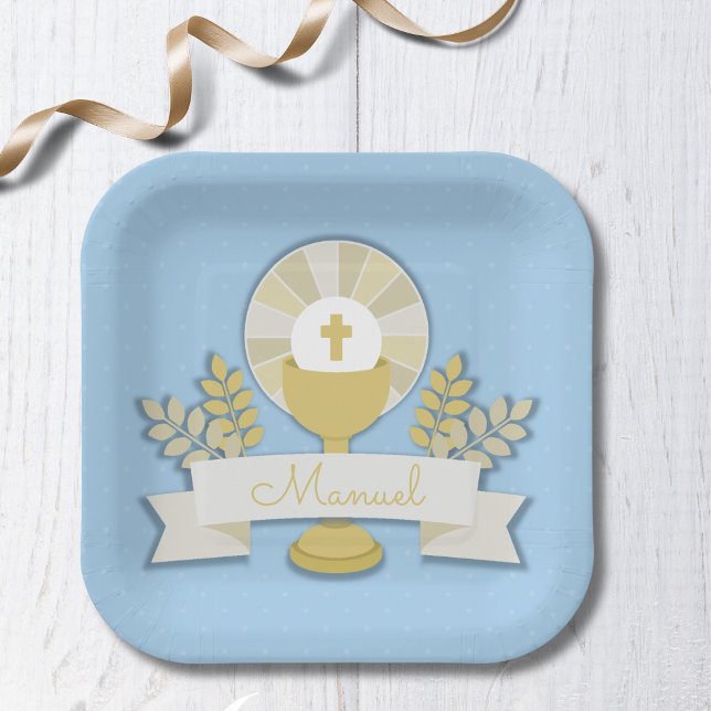 First communion, blue first communion paper plate (Creator Uploaded)