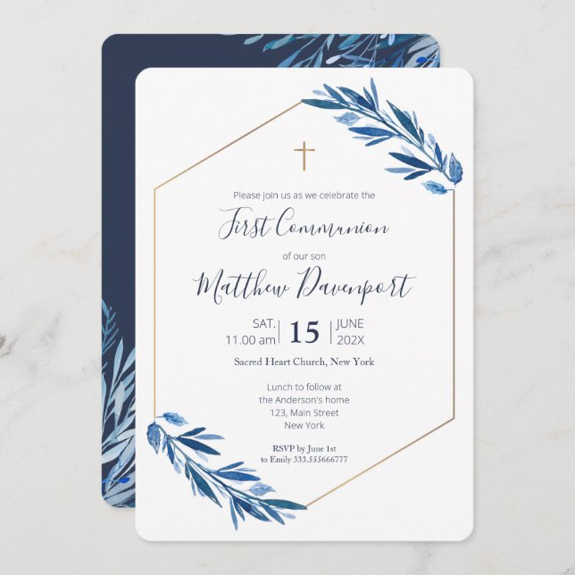 First Communion Blue foliage Invitation (Front/Back)