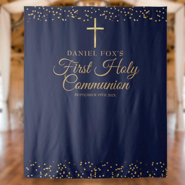 First Communion Blue Gold Photo Backdrop Tapestry (Creator Uploaded)