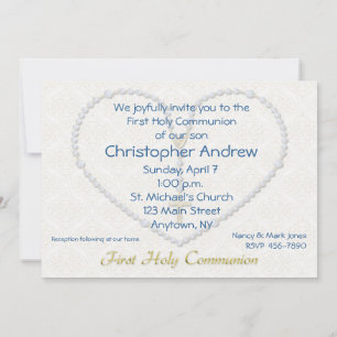 First Communion Blue Rosary Beads Heart Invitation