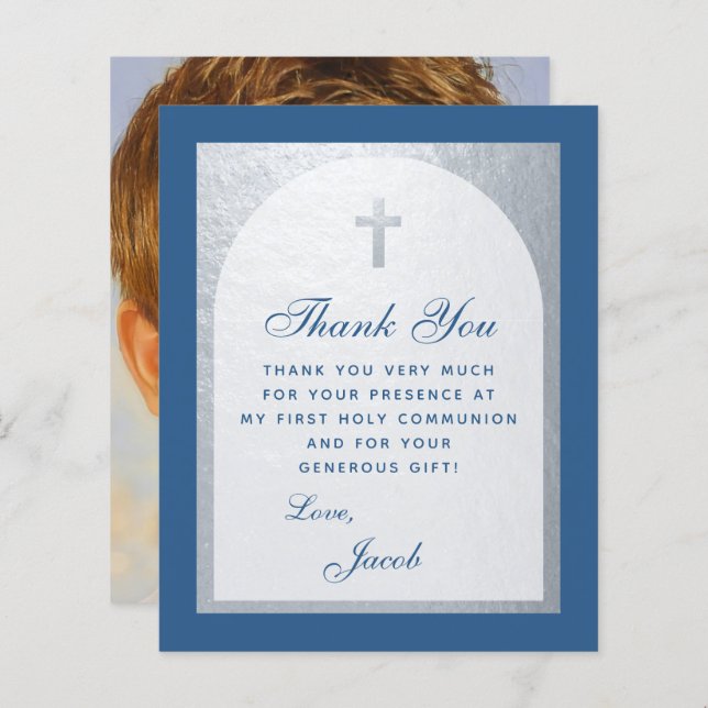 First Communion Blue Silver Budget Thank You Card (Front/Back)