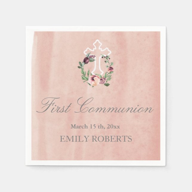 first communion blush marsala floral monogram napkin (Front)