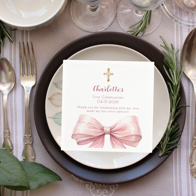 First Communion blush pink bow cross Napkin (Creator Uploaded)
