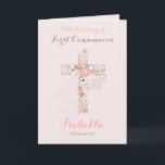First communion blush pink floral cross name  card<br><div class="desc">Elegant Folded Card for first communion with a floral cross on a blush pink backdrop. Personalise front with text,  name and date... inside with bible verse and text.</div>