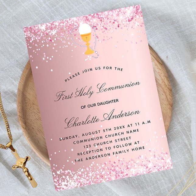 First communion blush pink glitter chalice invitation postcard (Creator Uploaded)