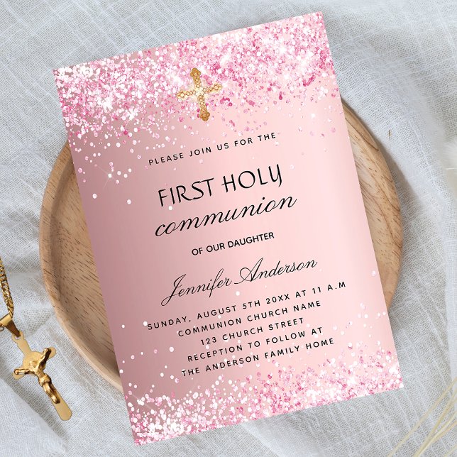 First communion blush pink glitter luxury invitation (Creator Uploaded)