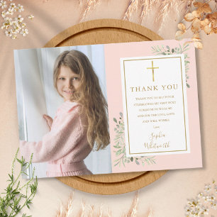 First Communion Blush Pink Greenery Photo Thank You Card