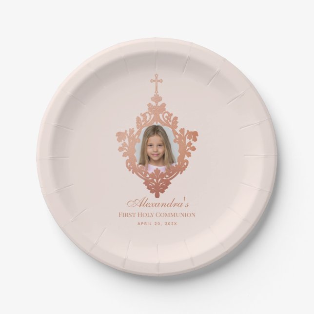 First Communion Blush Pink Rose Gold Girl Photo Paper Plate (Front)