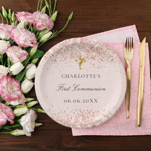 First Communion blush rose gold glitter name Paper Plate